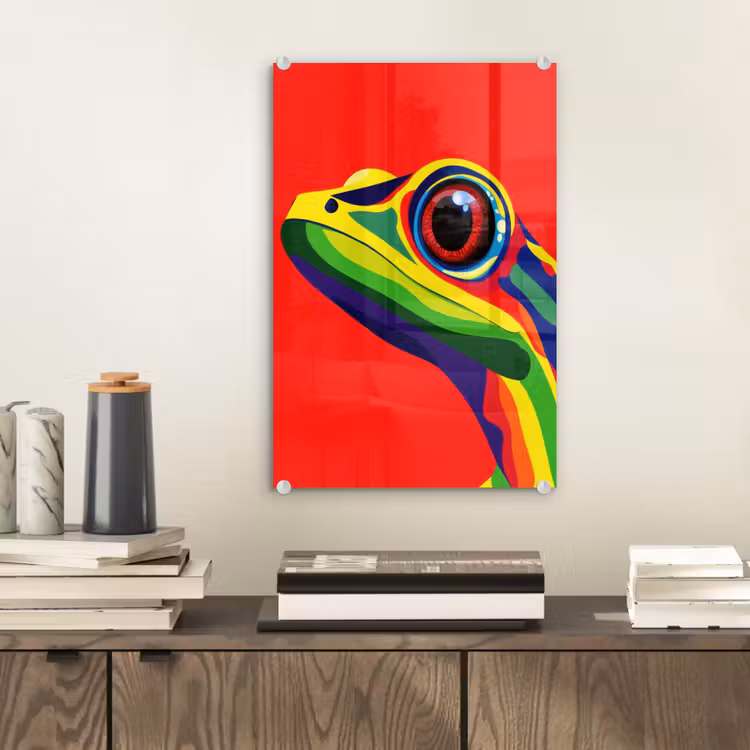 Glas schilderij - Kikker - Kleurrijk - Strepen - Ogen — 2