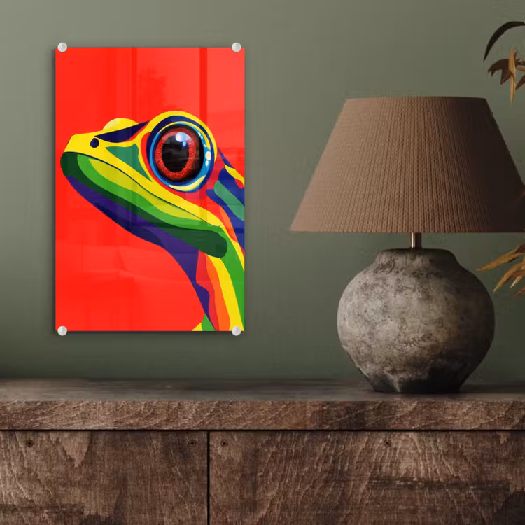 Glas schilderij - Kikker - Kleurrijk - Strepen - Ogen — 4
