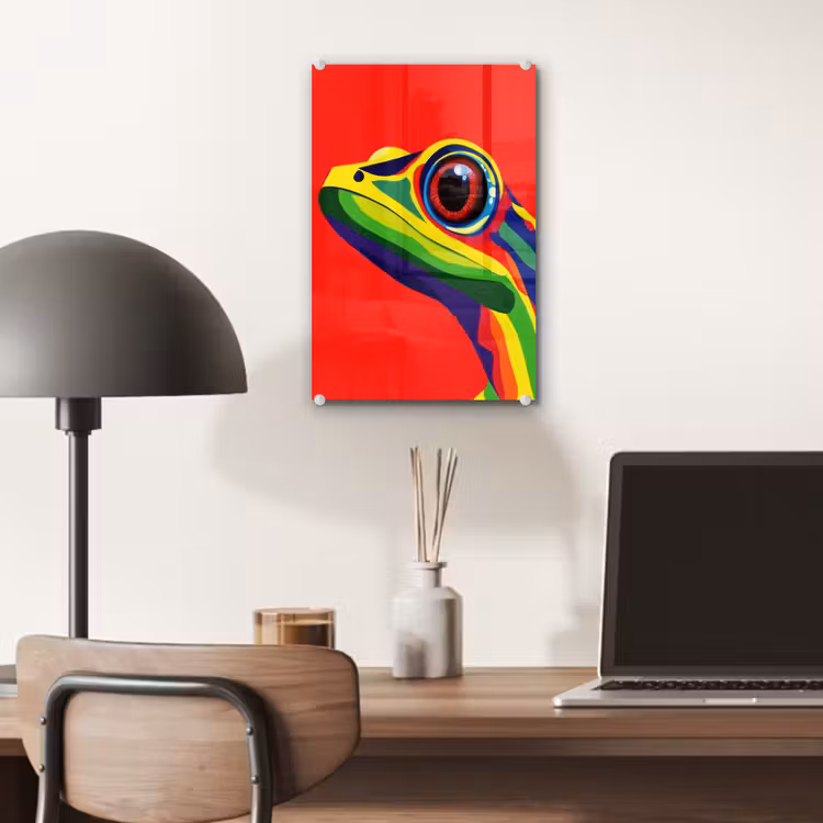 Glas schilderij - Kikker - Kleurrijk - Strepen - Ogen — 7