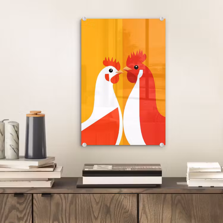 Glas schilderij - Kippen - Oranje - Vlakken — 2
