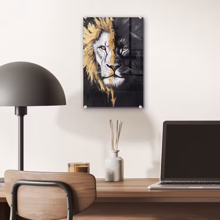 Glas schilderij - Leeuw - Gesplitst - Zwart - Lijn — 7