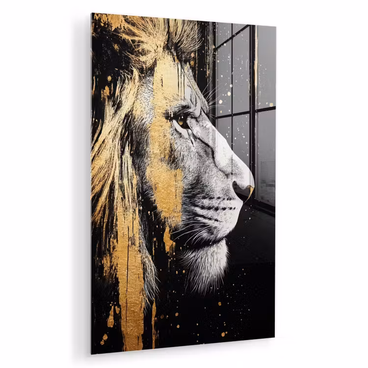 Glas schilderij - Portret - Leeuw - Abstract - Goud — 1