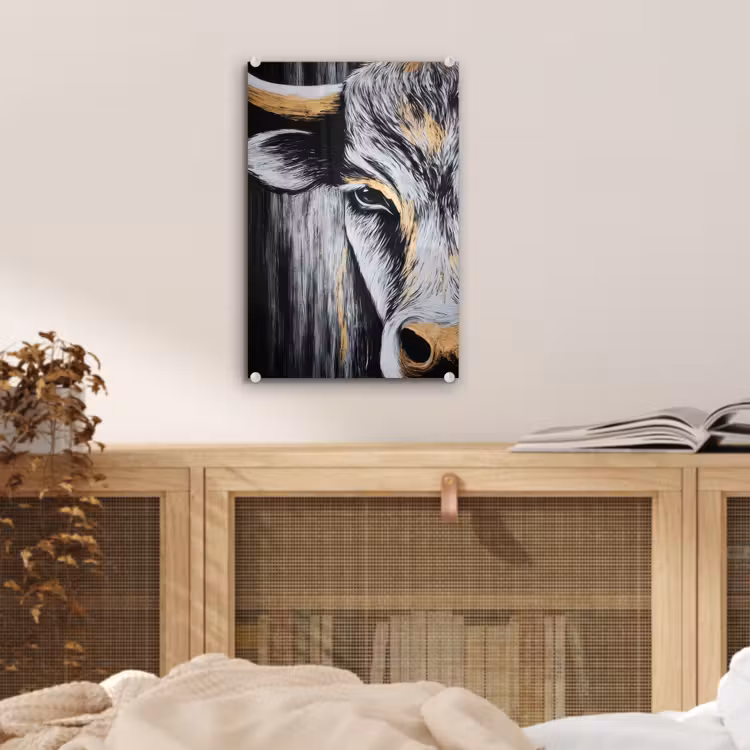 Glas schilderij - Stier - Hoorns - Snuit - Goud — 5