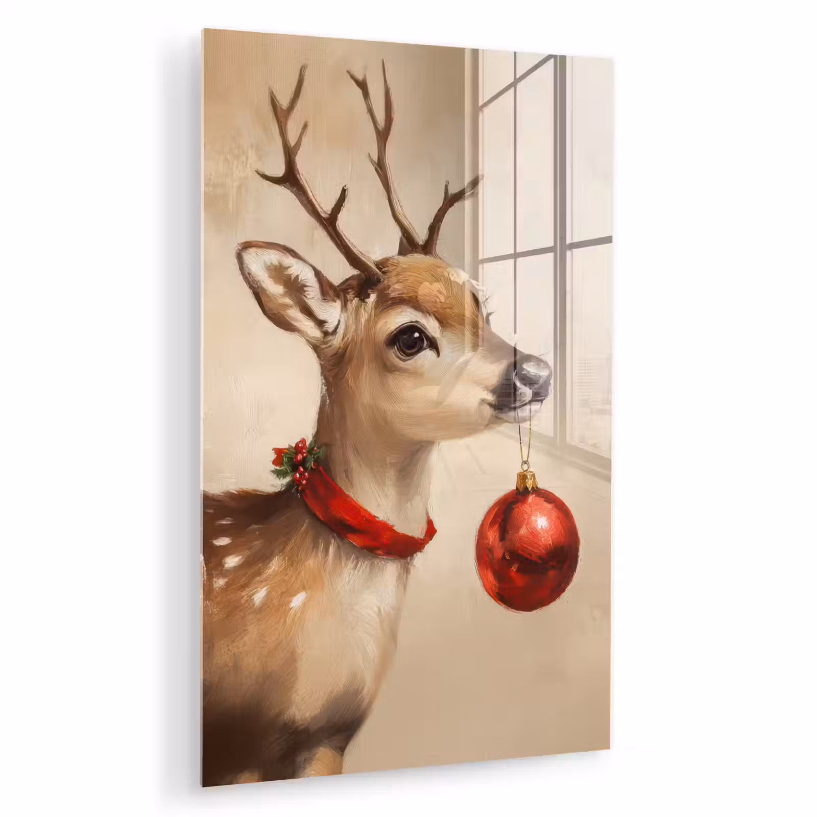 Glas schilderij - Kerst - Hert - Gewei - Kerstbal - Rendier — 1