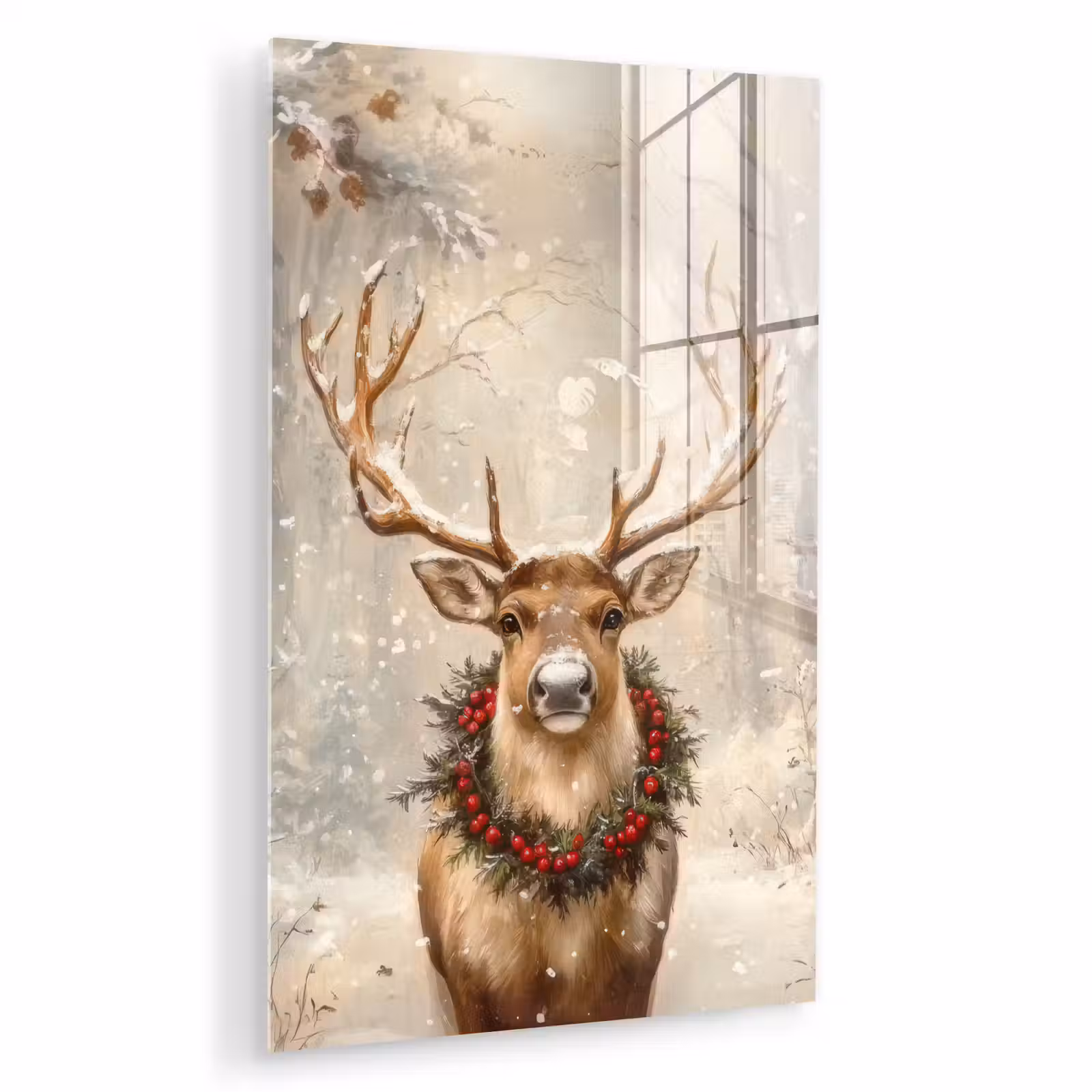 Glas schilderij - Kerst - Rendier - Winter - Krans — 1