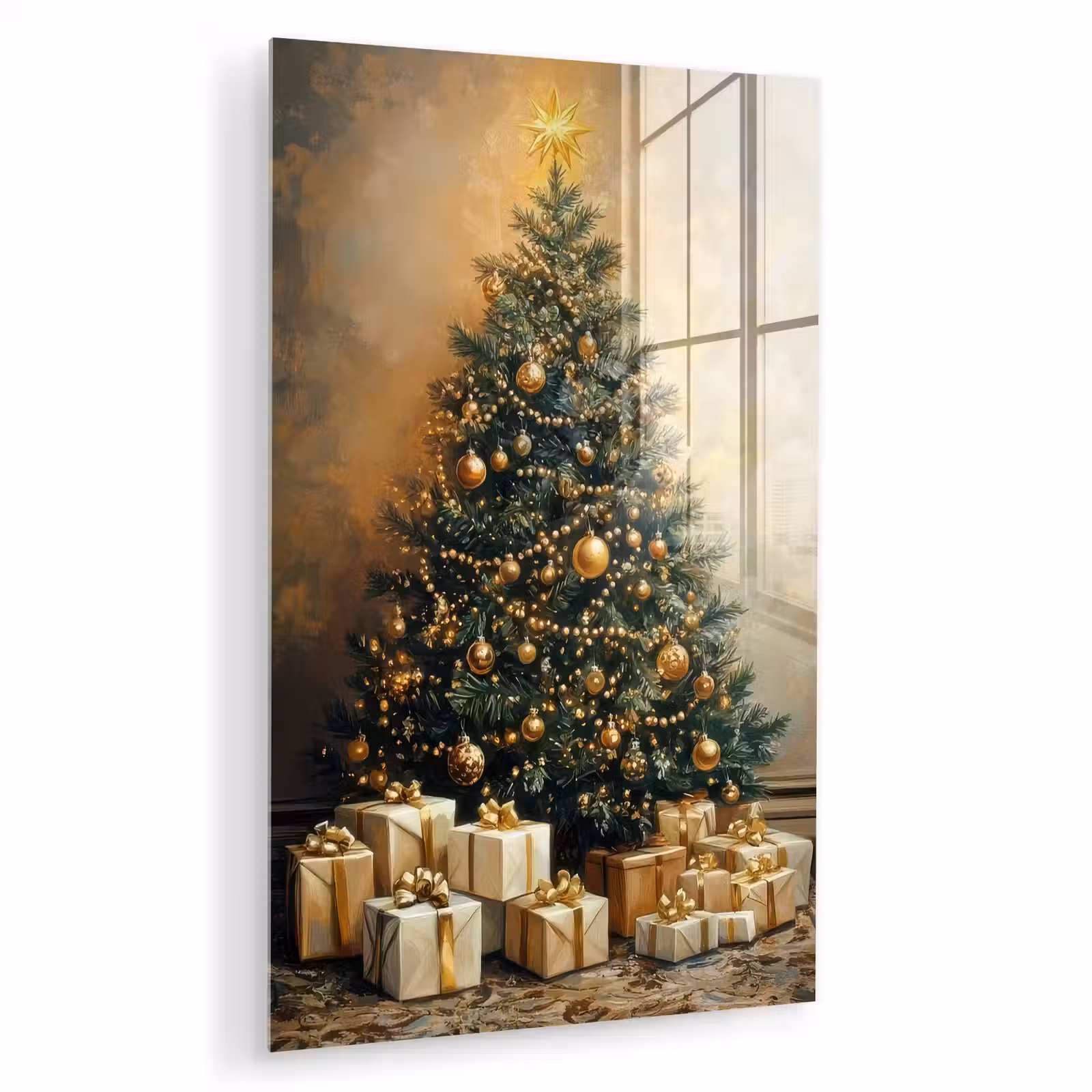 Glas schilderij - Kerstboom - Cadeaus - Goud — 1