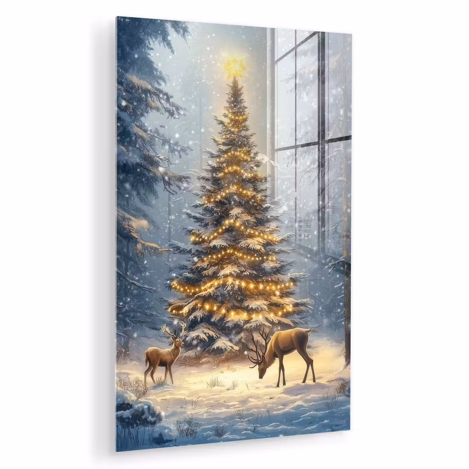 Glas schilderij - Kerstlicht - Woud - Hert - Donker — 1