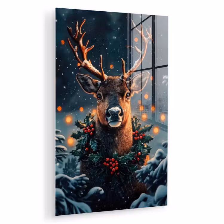 Glas schilderij - Hert - Kerst - Winter - Sneeuw - Kerstkrans — 1