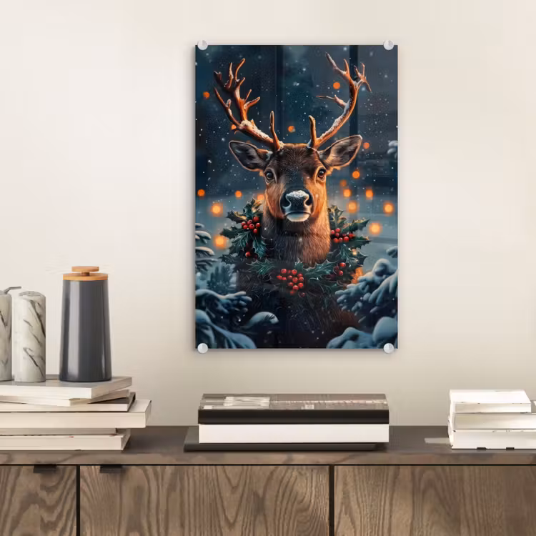Glas schilderij - Hert - Kerst - Winter - Sneeuw - Kerstkrans — 2