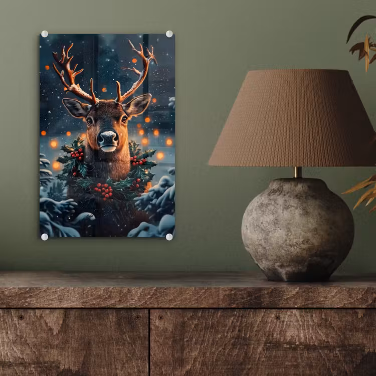 Glas schilderij - Hert - Kerst - Winter - Sneeuw - Kerstkrans — 4