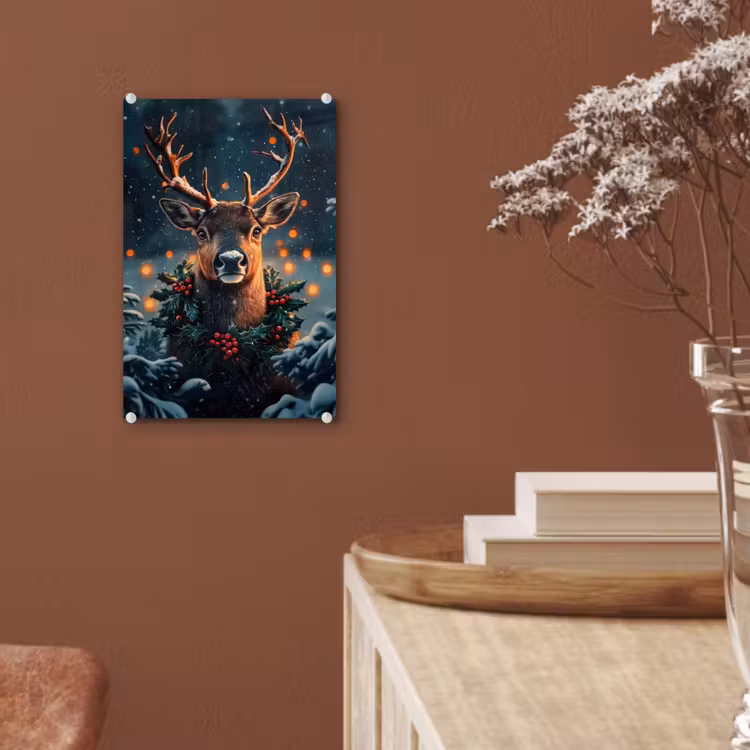 Glas schilderij - Hert - Kerst - Winter - Sneeuw - Kerstkrans — 6