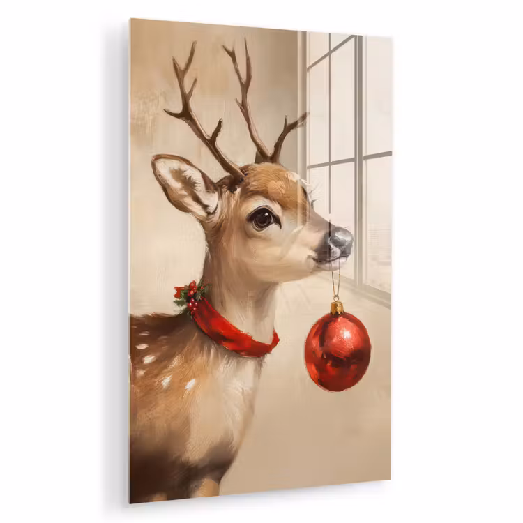 Glas schilderij - Kerst - Hert - Gewei - Kerstbal - Rendier — 1