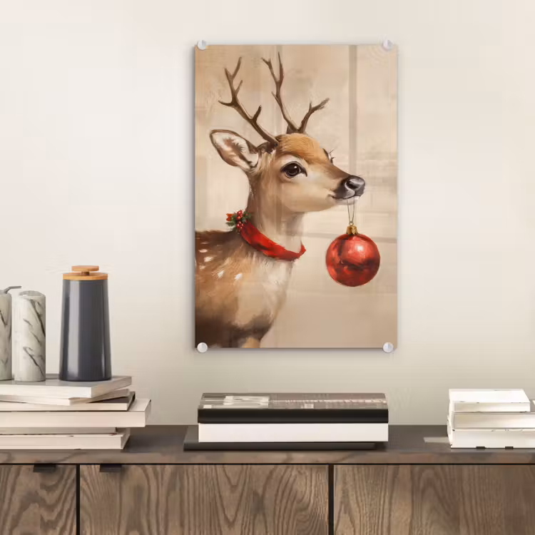 Glas schilderij - Kerst - Hert - Gewei - Kerstbal - Rendier — 2