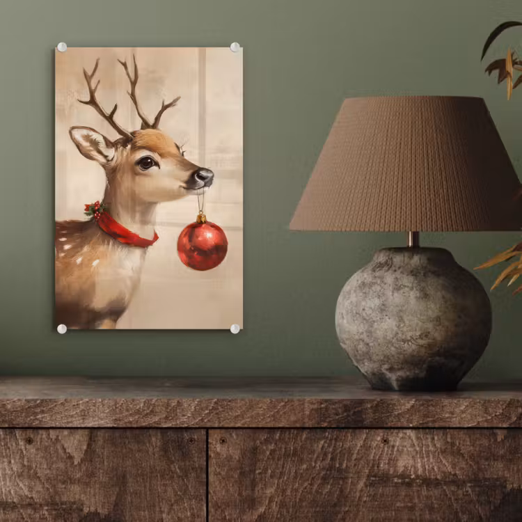 Glas schilderij - Kerst - Hert - Gewei - Kerstbal - Rendier — 4