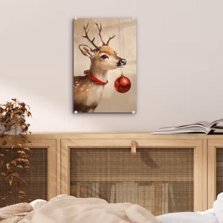 Glas schilderij - Kerst - Hert - Gewei - Kerstbal - Rendier — 5