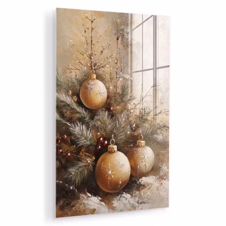 Glas schilderij - Kerst - Kerstballen - Beige - Goud — 1