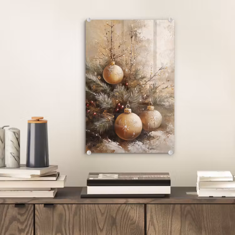 Glas schilderij - Kerst - Kerstballen - Beige - Goud — 2