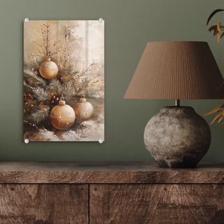 Glas schilderij - Kerst - Kerstballen - Beige - Goud — 4