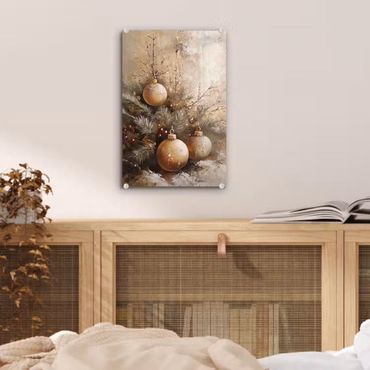 Glas schilderij - Kerst - Kerstballen - Beige - Goud — 5