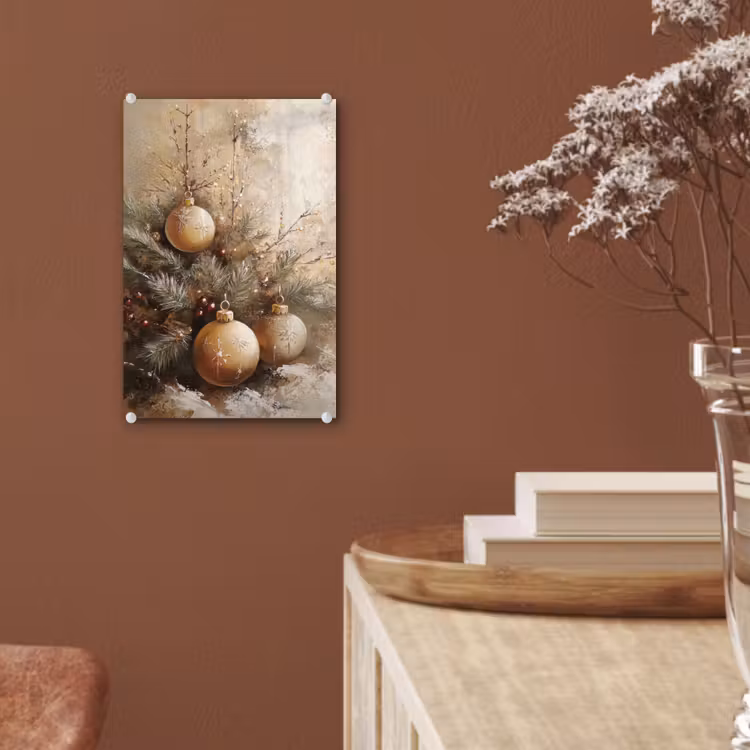 Glas schilderij - Kerst - Kerstballen - Beige - Goud — 6