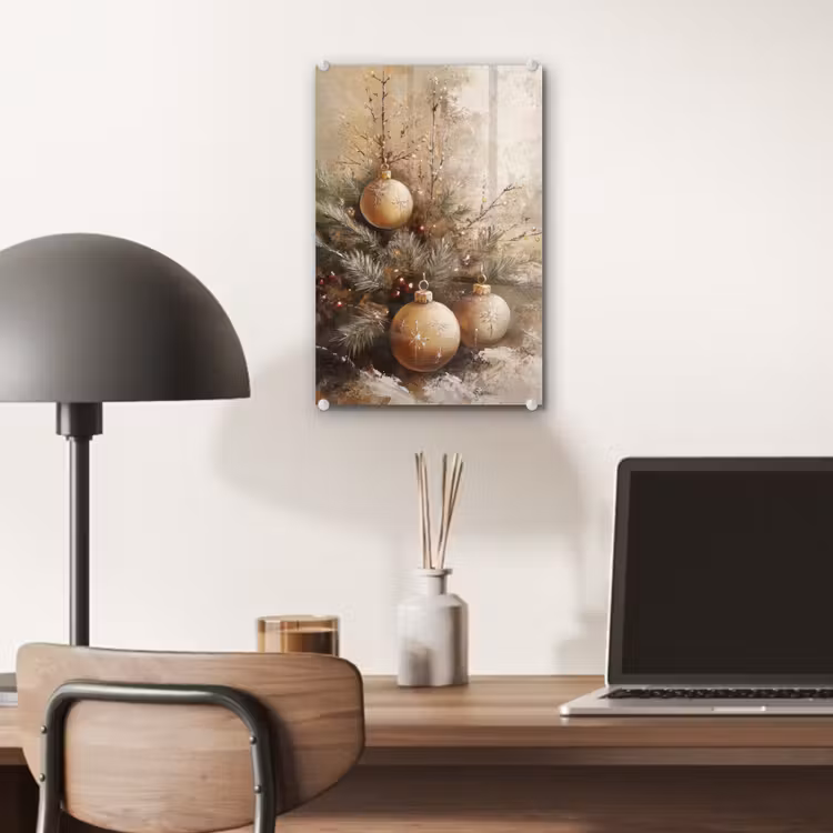 Glas schilderij - Kerst - Kerstballen - Beige - Goud — 7