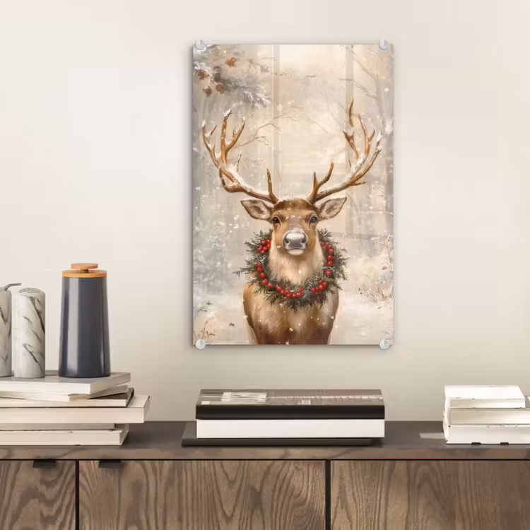 Glas schilderij - Kerst - Rendier - Winter - Krans — 2