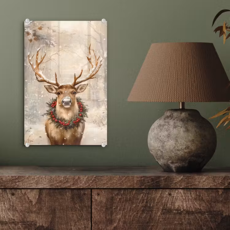 Glas schilderij - Kerst - Rendier - Winter - Krans — 4