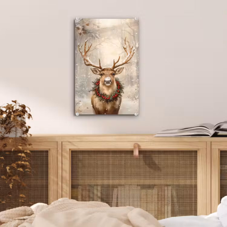 Glas schilderij - Kerst - Rendier - Winter - Krans — 5