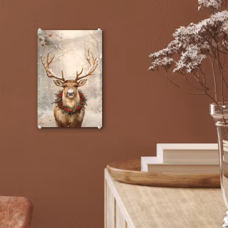 Glas schilderij - Kerst - Rendier - Winter - Krans — 6