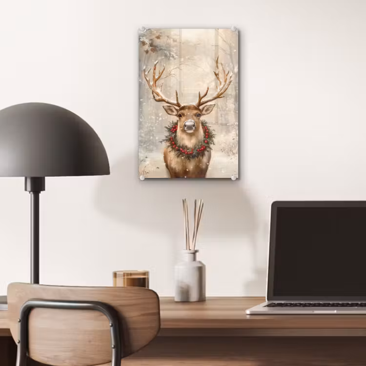 Glas schilderij - Kerst - Rendier - Winter - Krans — 7