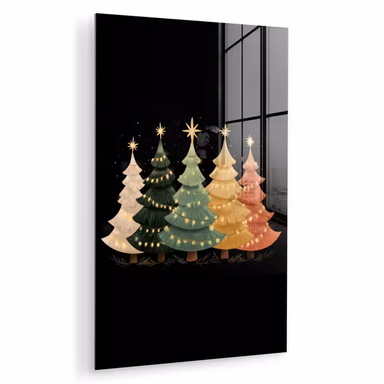 Glas schilderij - Kerstbomen - Kleurrijk - Lichtjes - Ster — 1