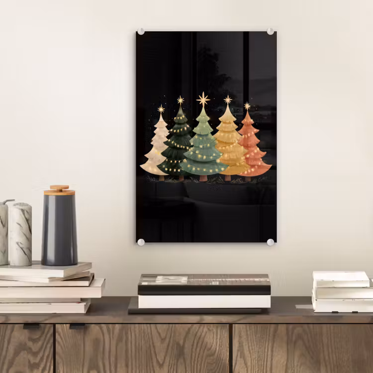 Glas schilderij - Kerstbomen - Kleurrijk - Lichtjes - Ster — 2