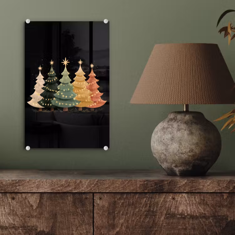 Glas schilderij - Kerstbomen - Kleurrijk - Lichtjes - Ster — 4