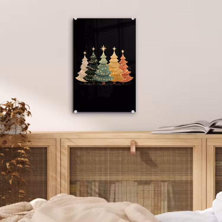 Glas schilderij - Kerstbomen - Kleurrijk - Lichtjes - Ster — 5