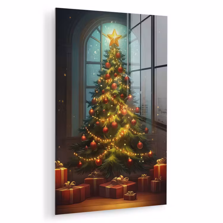 Glas schilderij - Kerstboom - Cadeau - Kerst - Winter — 1