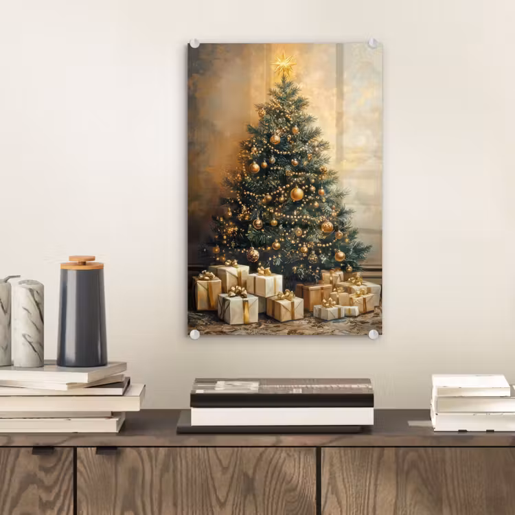 Glas schilderij - Kerstboom - Cadeaus - Goud — 2