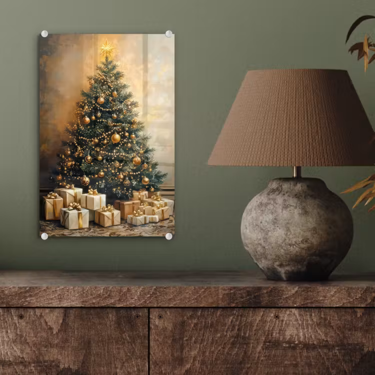Glas schilderij - Kerstboom - Cadeaus - Goud — 4