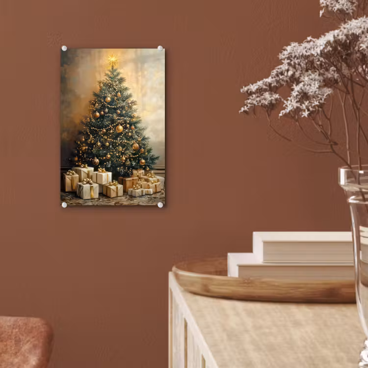 Glas schilderij - Kerstboom - Cadeaus - Goud — 6