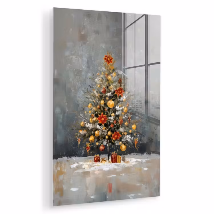 Glas schilderij - Kerstboom - Cadeaus - Rood - Goud — 1