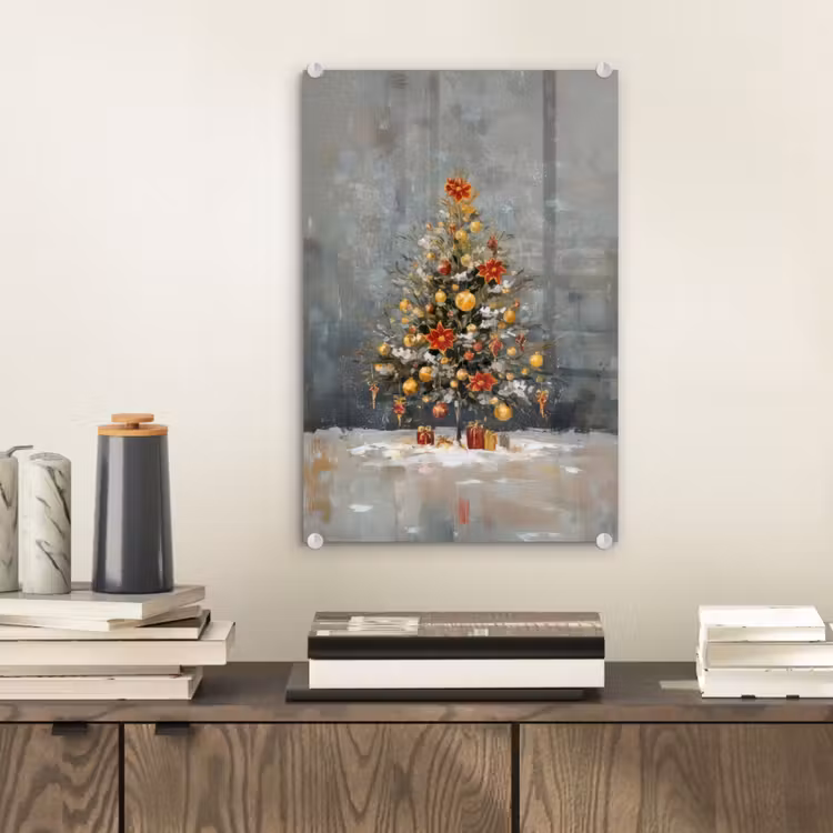 Glas schilderij - Kerstboom - Cadeaus - Rood - Goud — 2
