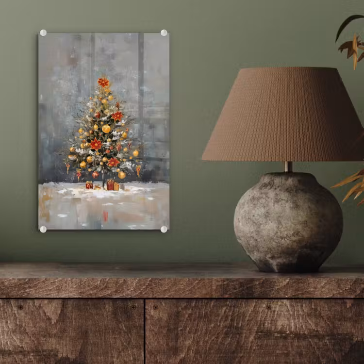 Glas schilderij - Kerstboom - Cadeaus - Rood - Goud — 4
