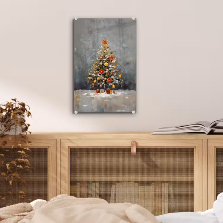 Glas schilderij - Kerstboom - Cadeaus - Rood - Goud — 5