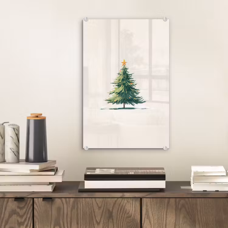 Glas schilderij - Kerstboom - Illustratie - Ster - Sneeuw — 2