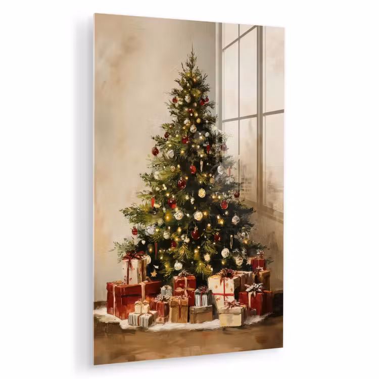 Glas schilderij - Kerstboom - Versierd - Kleurrijk — 1