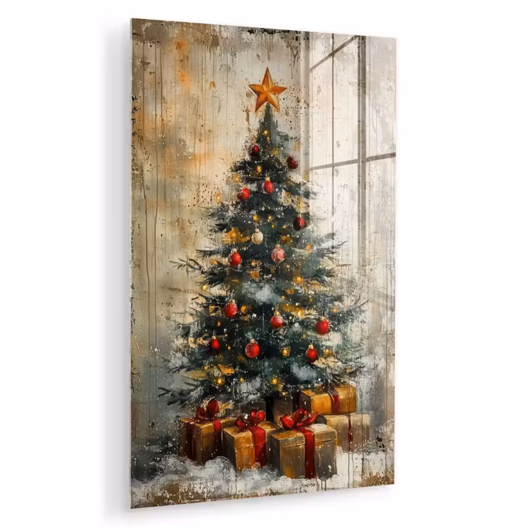 Glas schilderij - Kerstboom - Vintage - Kerst - Cadeau — 1