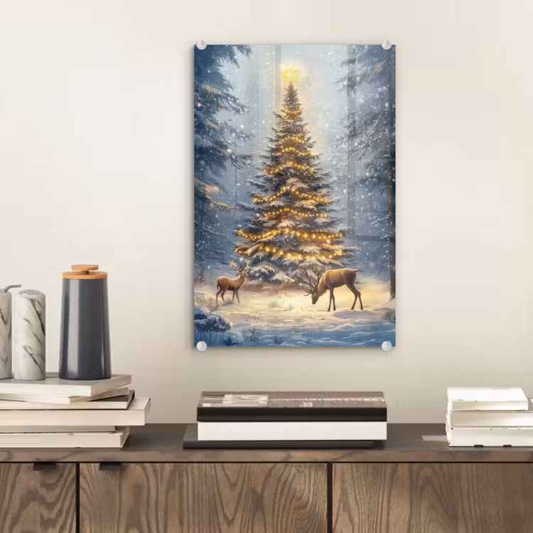 Glas schilderij - Kerstlicht - Woud - Hert - Donker — 2
