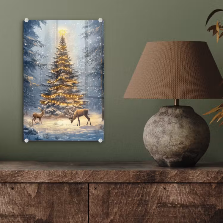 Glas schilderij - Kerstlicht - Woud - Hert - Donker — 4