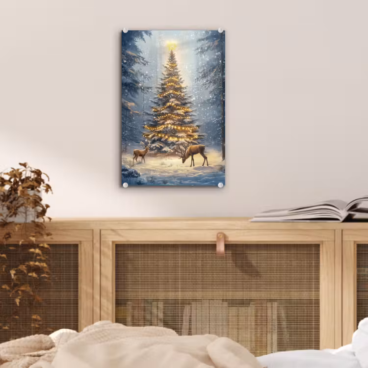 Glas schilderij - Kerstlicht - Woud - Hert - Donker — 5