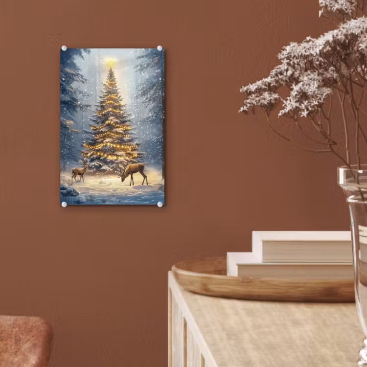 Glas schilderij - Kerstlicht - Woud - Hert - Donker — 6
