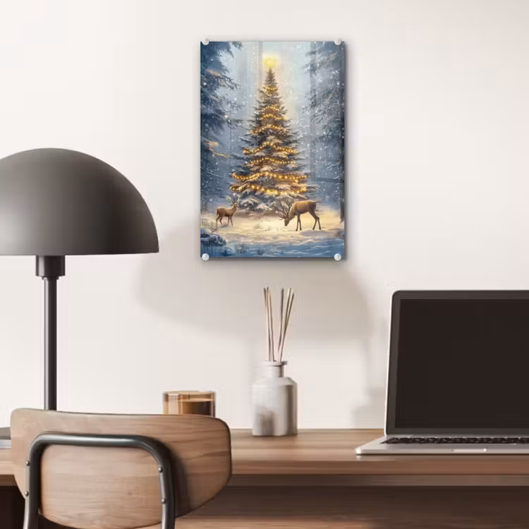 Glas schilderij - Kerstlicht - Woud - Hert - Donker — 7